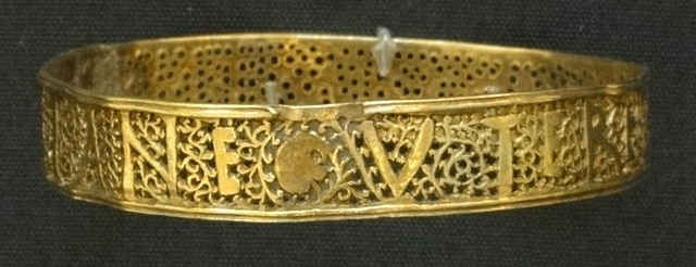 Ancient Roman gold bracelet from the Hoxne Hoard. JULIANE is spelled out in opus interrasile openwork.