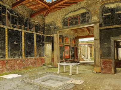 Atrium tuscanicum, no pillars. View towards the tablinum. Note the cartibulum (stone table) with unusually simple legs, the impluvium (dry), and the circular (covered) hole giving access to the cistern, just to the right of the impluvium. House of Marcus Lucretius Fronto, Pompeii (another view).