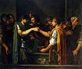 カティリーナの誓い（Le Serment de Catiline） ジョゼフ＝マリー・ヴィアン画(1809年)。 カティリーナと共謀者たちは、人間の血を混ぜたワインを飲んで誓いを立てる儀式を行なったと伝えられている。