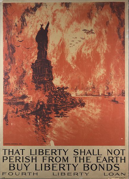 Joseph Pennell's 1918 prophetic Liberty bond poster calls up the pictorial image of a bombed New York City, totally engulfed in a firestorm. At the ti