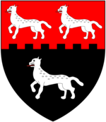 Arms of Lippingcott: Per fess embattled gules and sable, three leopards (cats) passant argent LippingcottArms.png