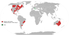 World map of first level subdivisions (states, counties, provinces, etc.) that are home to Little Italys or Italian neighbourhoods Little Italy map based on area.png