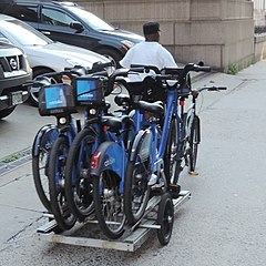 Transporting bikes on a bicycle trailer Loaded Citibike trailer W31 jeh.JPG