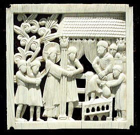 La Flagellation du Christ devant Pilate ivoire, don d'Othon le Grand à la cathédrale de Magdebourg aujourd'hui au Bayerisches Nationalmuseum (962-973)