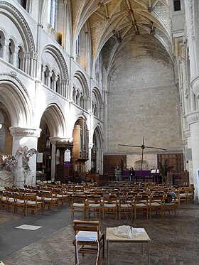 The remaining part of the nave of Malmesbury Abbey, blocked off to the west, currently used as the parish church Malmesbury Abbey - geograph.org.uk - 1246543.jpg