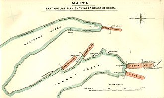 1909 map of the Malta docks 1, 2, 5, 6 & 7 within Bormla and docks 4 & 5 flanking Senglea. Malta. Part outline plan showing position of docks. 1909.jpg