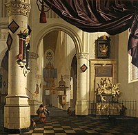 Interior of the Old Church in Delft label QS:Len,"Interior of the Old Church in Delft" label QS:Lpl,"Wnętrze starego kościoła w Delft" label QS:Lfr,"L'intérieur de vieille église de Delft" between 1660 and 1665 date QS:P,+1660-00-00T00:00:00Z/8,P1319,+1660-00-00T00:00:00Z/9,P1326,+1665-00-00T00:00:00Z/9 . oil on canvas medium QS:P186,Q296955;P186,Q12321255,P518,Q861259 . 132 × 132 cm (51.9 × 51.9 in). Gdańsk, National Museum in Gdańsk.