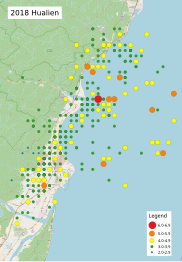 Map of 2018 Hualian earthquakes as of 9 February (UTC+8) plotting 359 shocks. Source: Taiwan Central Weather Bureau