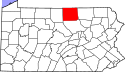 Harta statului Pennsylvania indicând comitatul Tioga