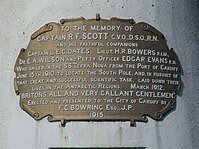 Memorial bronze plaque with names of those who died on the Terra Nova Expedition