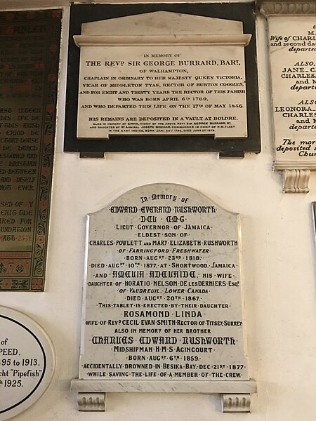 File:Memorials to Sir George Burrard, 3rd Baronet and Edward Rushworth in St James's Church, Yarmouth, Isle of Wight.jpg