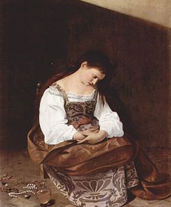 Peinture d'une femme assise, la tête baissée et les bras ouverts.