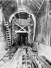 The nearly-completed tunnel in December 1927 Moffat Tunnel construction done.jpg