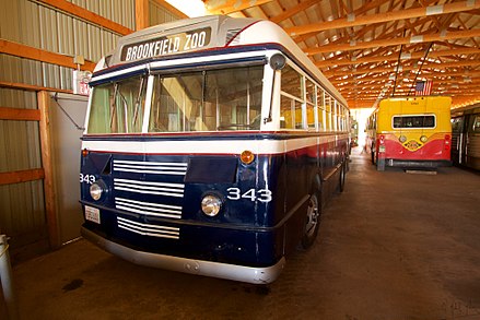 Former Montebello bus 17, a 1944 Ford Transit Bus, is preserved at the Illinois Railway Museum, repainted and renumbered for a former Chicago-area bus company.