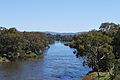 English: The en:Murray River immediately downstream from en:Hume Dam. The Heywood Bridge can be seen in the middle distance.