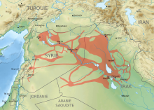 Maximum extent of IS territorial control in Syria and Iraq in 2015. Near East ISIS controlled areas-fr.svg