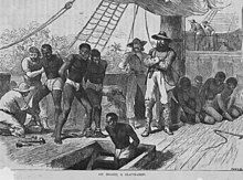 Joseph Swain, "Slaves aboard a slave ship being shackled before being put in the hold", a wooden engraving On Board a Slave-Ship, engraving by Swain c. 1835.jpg