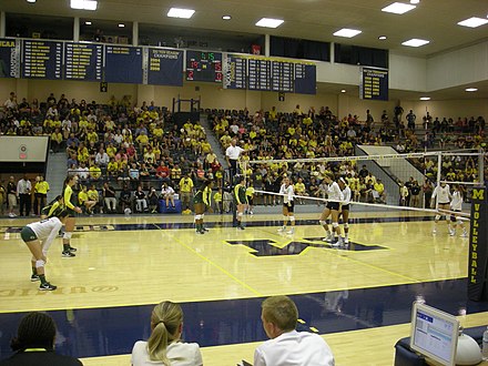 The Michigan volleyball team playing against Oregon in 2013