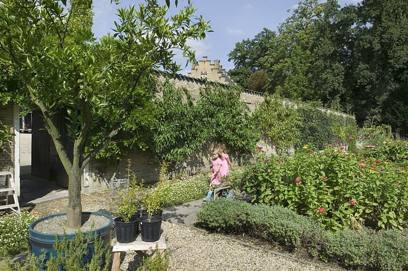 File:Overzicht tuin gezien vanaf de ingang van de kas, perk met bloemen, muur met leifruit, spelende kinderen - Dordrecht - 20404929 - RCE.jpg