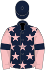 Dark blue, pink stars, pink sleeves, dark blue armlets, dark blue cap