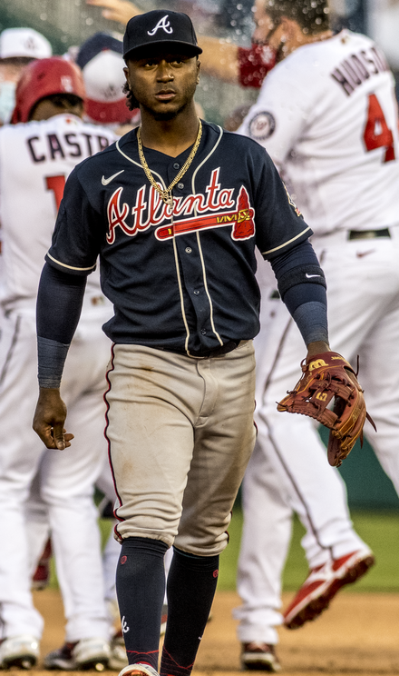 Ozzie Albies walks away from celebrating Nationals from Nationals vs. Braves at Nationals Park, April 6th, 2021 (All-Pro Reels Photography) (51101671212) (cropped).png