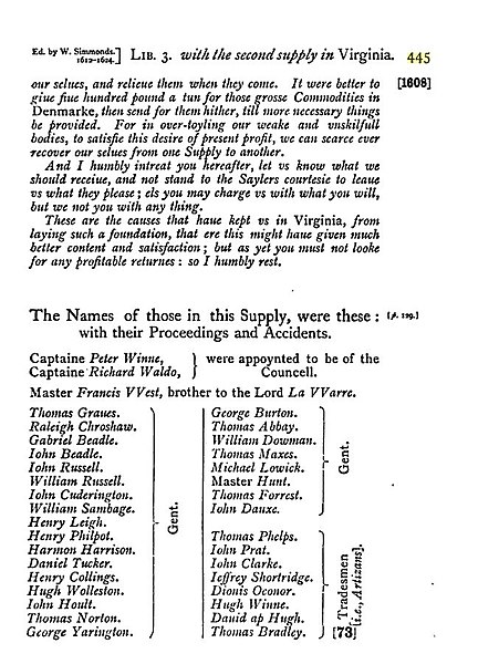 Names of those on the Second Supply – Page 445 (or Page 72) "The Generall Historie of Virginia, New-England, and the Summer Isles", by Capt. John Smit
