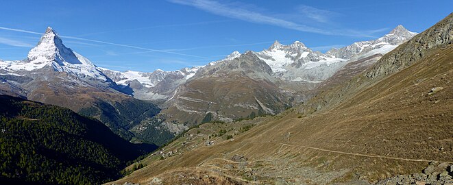 Findeltal, Zermatt, a view up to Zmutt valley and glaciers