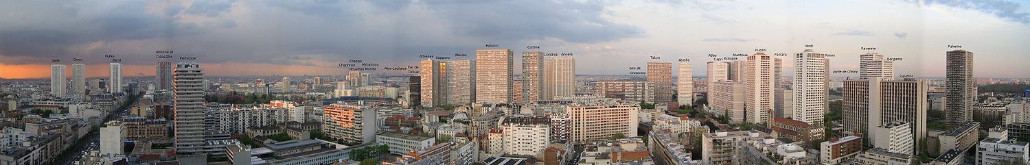 Panoramatický pohled na 13. obvod s popisem budov