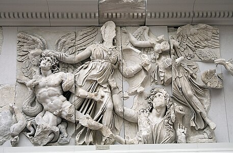 Relief of Athena and Nike slaying the Gigante Alkyoneus (?) from the Gigantomachy Frieze on the Pergamon Altar (early second century BC)