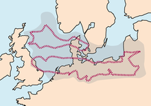 Location of the European Permian basin. Pink dashed lines show the extent of Zechstein evaporites marking the limits of the Northern and Southern Permian basin PermianBasin.png