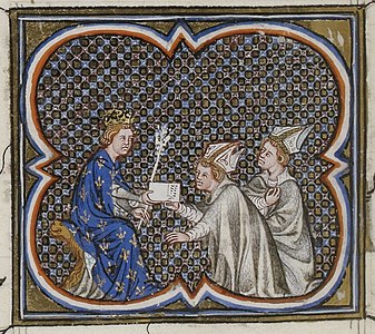 Philippe Auguste recevant des messagers du pape l'appelant à la croisade (Grandes Chroniques de France de Charles V, XIVe siècle).