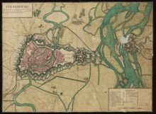 Französische Karte von 1720 der Stadt und Festung Straßburg (mit Kehl auf der anderen Rheinseite). Eindrucksvoll sichtbar sind auch die zahlreichen Altrheinarme des noch nicht kanalisierten Oberrheins.