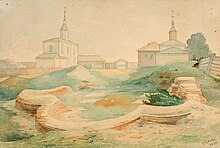 Belchitsky kolostor.  (I. Trutnev, 1866).  A bal oldalon a Borisoglebskaya templom, a jobb oldalon a Pjatnyitskaya templom, az előtérben a Nagy Katedrális romjai