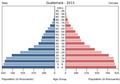 English: The population pyramid of Guatemala illustrates the age and sex structure of population and may provide insights about political and social stability, as well as economic development. The population is distributed along the horizontal axis, with males shown on the left and females on the right. The male and female populations are broken down into 5-year age groups represented as horizontal bars along the vertical axis, with the youngest age groups at the bottom and the oldest at the top. The shape of the population pyramid gradually evolves over time based on fertility, mortality, and international migration trends. Українська: Віково-статева піраміда населення Гватемали за 2013 рік. Вона дає наочне уявлення про вікову і статеву структура населення країни, може слугувати джерелом інформації про політичну і соціальну стабільність, економічний розвиток. Блакитними кольорами ліворуч, у вигляді горизонтальних смуг показані вікові групи (з кроком 5 років кожна) чоловічої статі, праворуч рожевими — жіночої. Наймолодші вікові групи — внизу, найстаріші — вгорі. Форма піраміди поступово еволюціонує з плином часу під впливом чинників народжуваності, смертності і світової міграції.