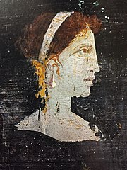 Most likely a posthumous painted portrait of Cleopatra VII of Ptolemaic Egypt with red hair and her distinct facial features, wearing a royal diadem and pearl-studded hairpins, from Roman Herculaneum, mid-1st century AD[44][45]