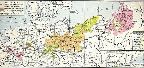 Brandenburg-Prussia (1618–1680) with Farther Pomerania (Hinterpommern, light green), Draheim (yellow), Lauenburg-Bütow (yellow) and the strip along th