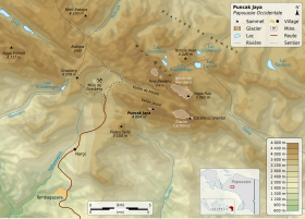 Carte topographique du Puncak Jaya et de ses environs avec le plateau de Kemabu au nord.