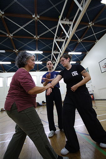 Two students receive instruction in tuishou ("pushing hands"), one of the core training exercises of t'ai-chi ch'üan.