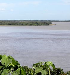 Vue du Paraná Bravo débouchant dans le río Uruguay inférieur, juste avant que ce dernier ne se jette dans le río de la Plata.
