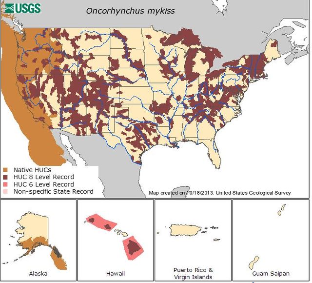 Map of U.S. range for rainbow trout