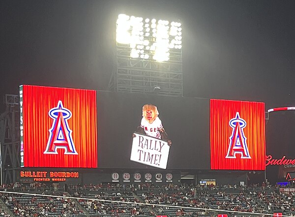 The Rally Monkey on the jumbotron at Angel Stadium - 2023