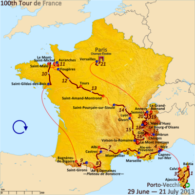 Map of France showing the showing the path of the race starting in Corsica, then going clockwise around France.