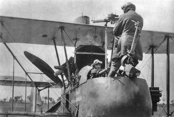 The F.E 2d was one of the first aircraft to be used for close air support in 1917 (the observer is demonstrating the use of the rear-firing Lewis gun)