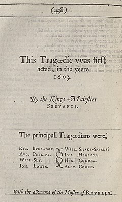 Страница из первого фолио Джонсона (1616) со списком актёров, участвовавших в премьере