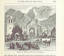 An illustration of the Basilica of Our Lady of Copacabana in 1877 Shrine of Nuestra Senora de Copacabana (Bolivia) 1877 George Squier.jpg