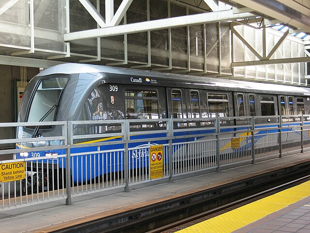 A Mark II train in Vancouver, Canada. The SkyTrain is the longest driverless transit system in the Americas.