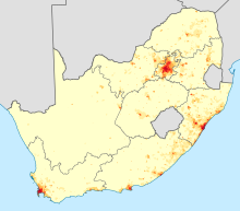 Geographical distribution of English in South Africa: density of English home-language speakers. The four high-density clusters correspond to the locations of Pretoria and Johannesburg, Durban, Port Elizabeth and Cape Town (clockwise).
<1 /km2
1-3 /km2
3-10 /km2
10-30 /km2
30-100 /km2
100-300 /km2
300-1000 /km2
1000-3000 /km2
>3000 /km2 South Africa 2011 English speakers density map.svg