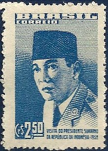 Brazilian stamp of 1959, marking a visit by Sukarno. Stamp of Brazil - 1959 - Colnect 264395 - President Sukarno form Indonesia visit Brazil.jpeg