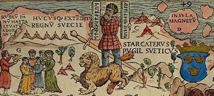 Part of the carta marina of 1539 by Olaus Magnus, depicting the location of magnetic north vaguely conceived as "Insula Magnetū[m]" (Latin for "Island of Magnets"), off modern-day Murmansk. The man holding the rune staffs is the Norse hero Starkad ("Starcaterus").