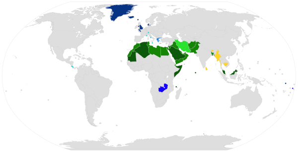Countries with Christianity as their state religion are in blue.